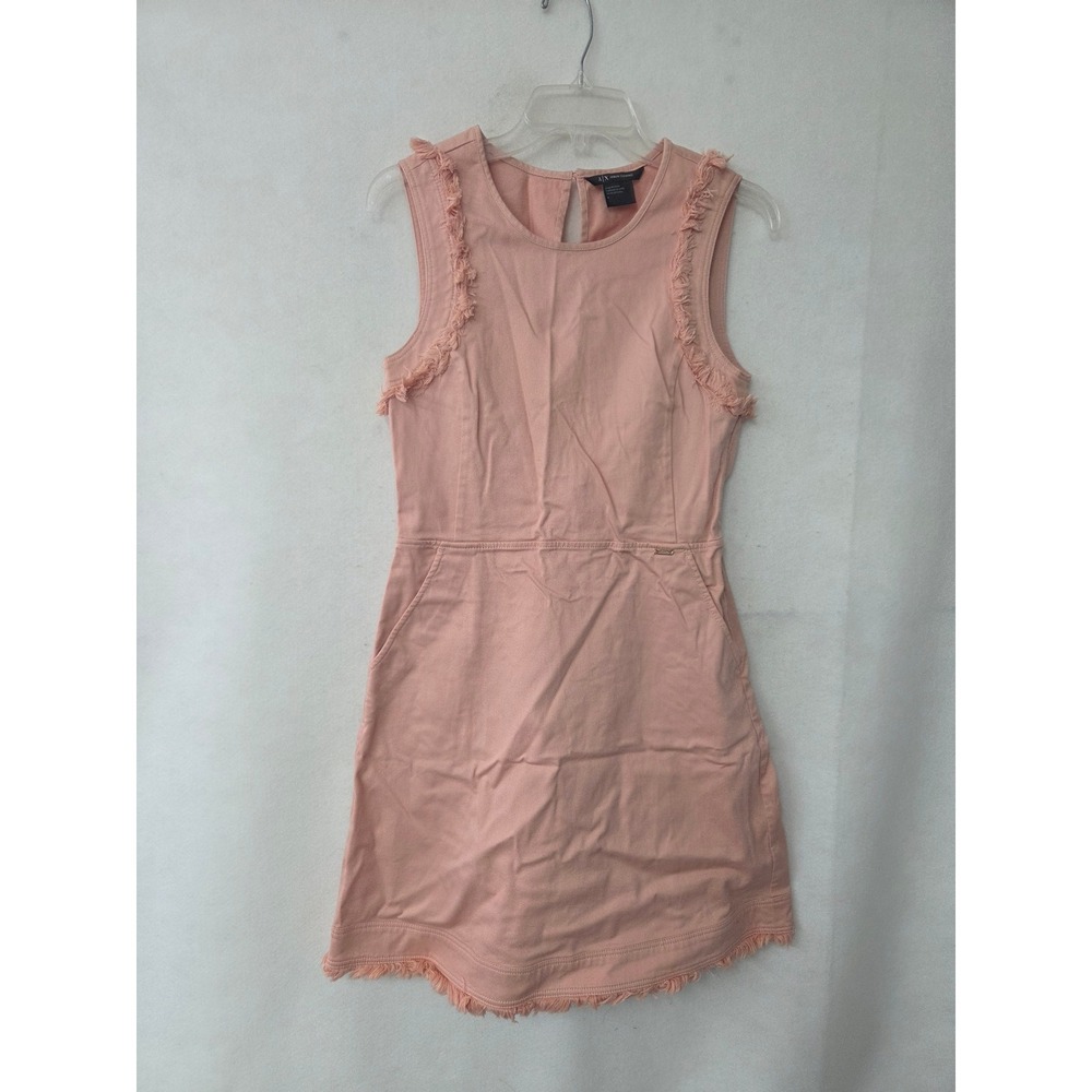 Armani Exchange Denim Mini Dress Women 8 Pink Frayed Fringe Keyhole Back Pockets